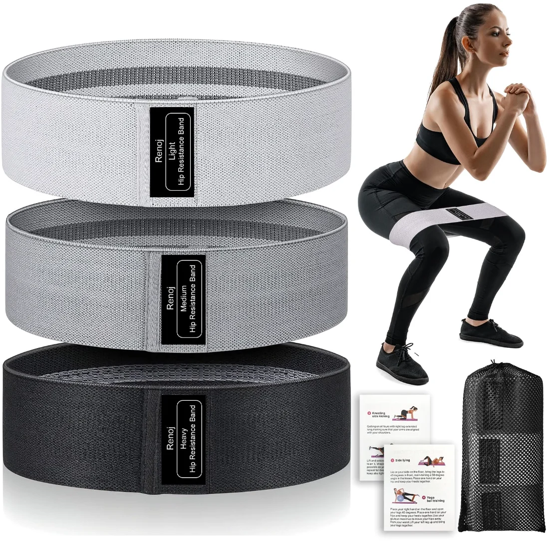 Renoj Fabric Hip Bands, 3-Set, Black Set