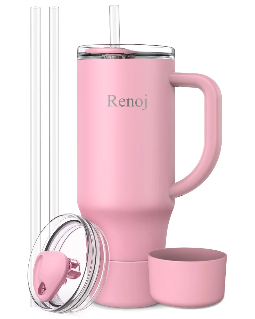 Renoj Insulated Mug 40 oz, Straw Lid, Pink