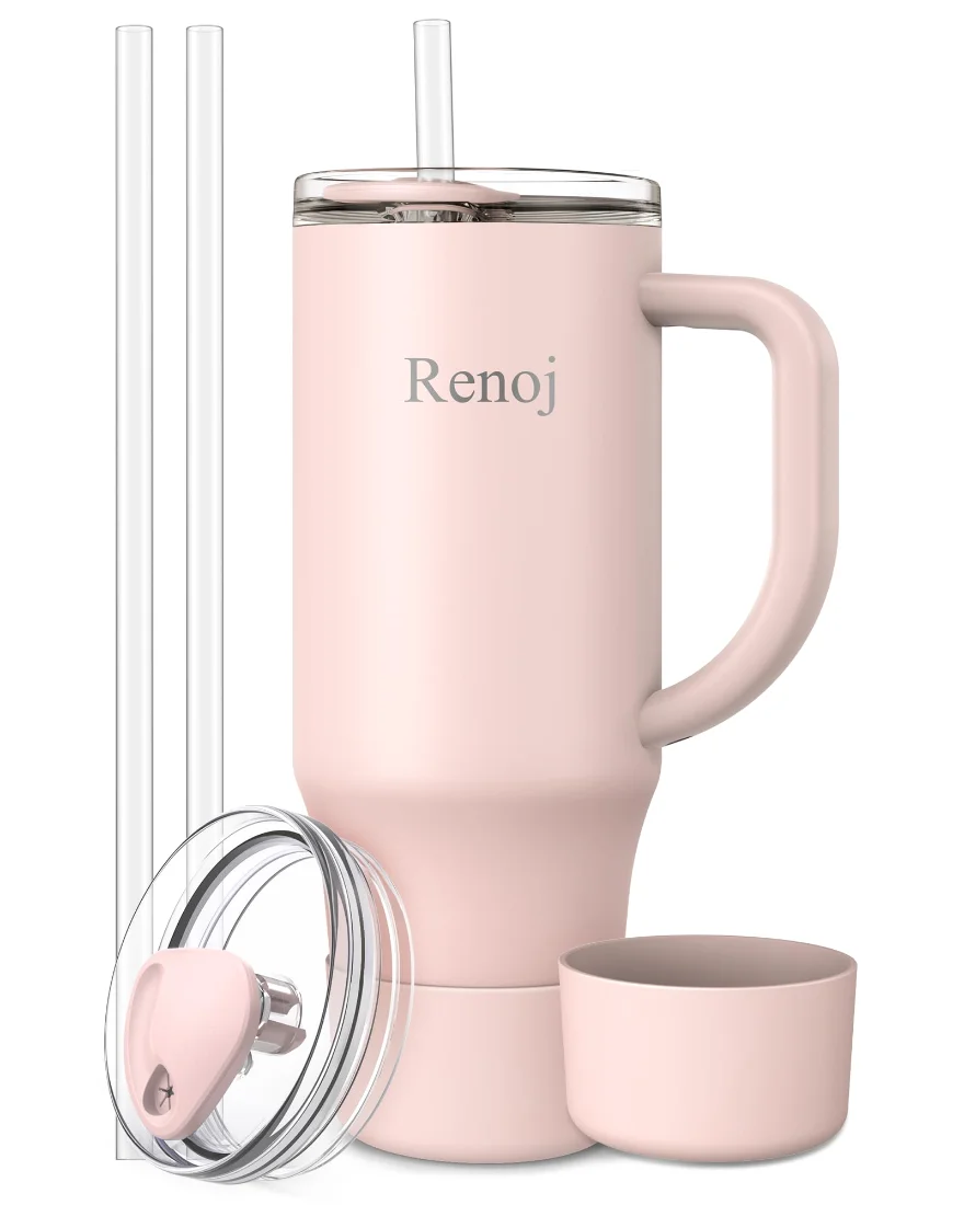 Renoj Insulated Mug 40 oz, Straw Lid, Light Pink